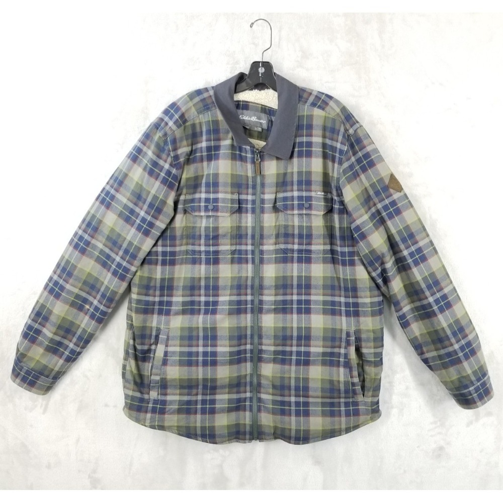 Eddie Bauer Flannel Shirt‎ Jacket Mens T2XL Plaid Sherpa Lined Full Zip Pockets